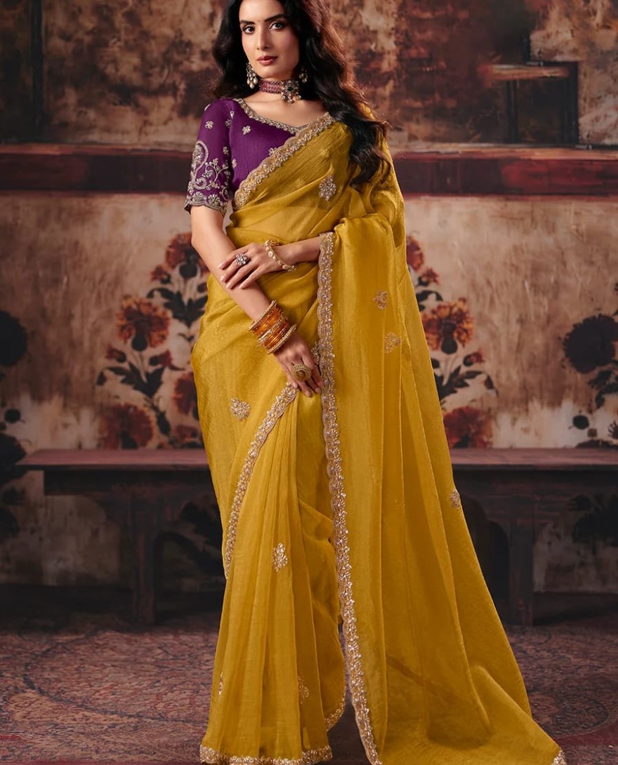 1001 - Yellow & Purple Designer Style Festive Wear Saree